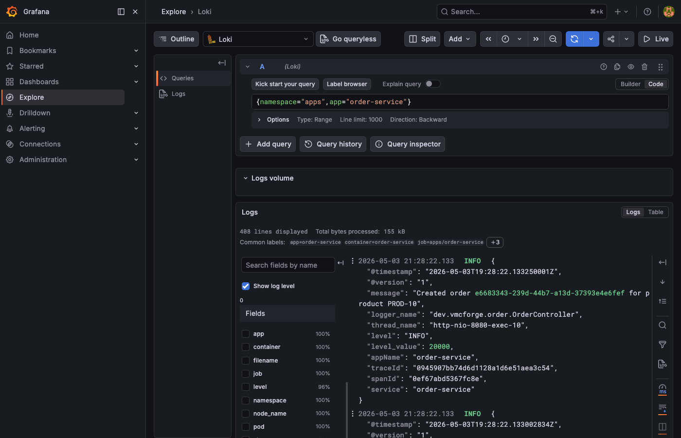 Loki query showing order-service logs