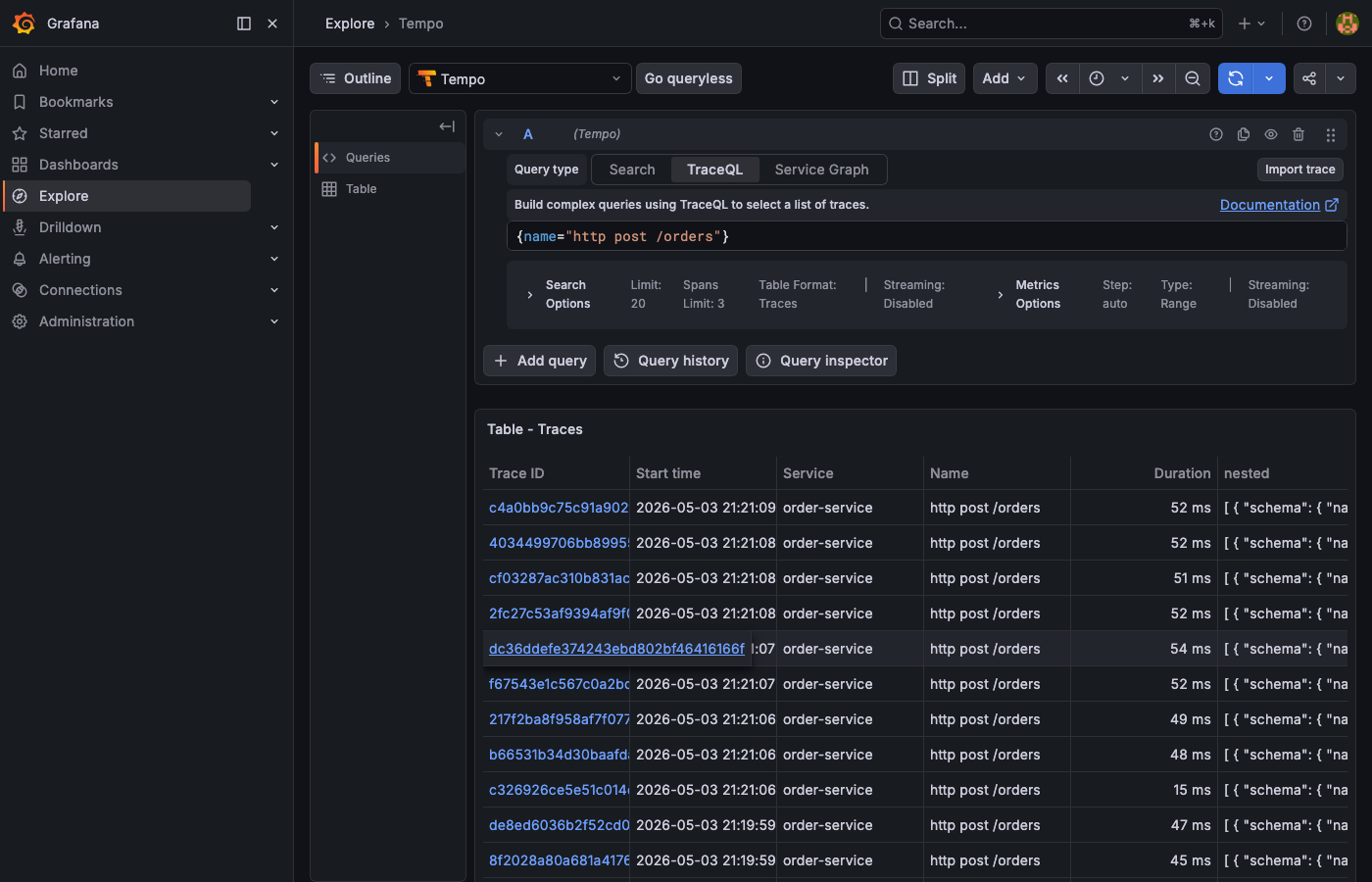 Tempo TraceQL search showing all POST /orders traces with duration