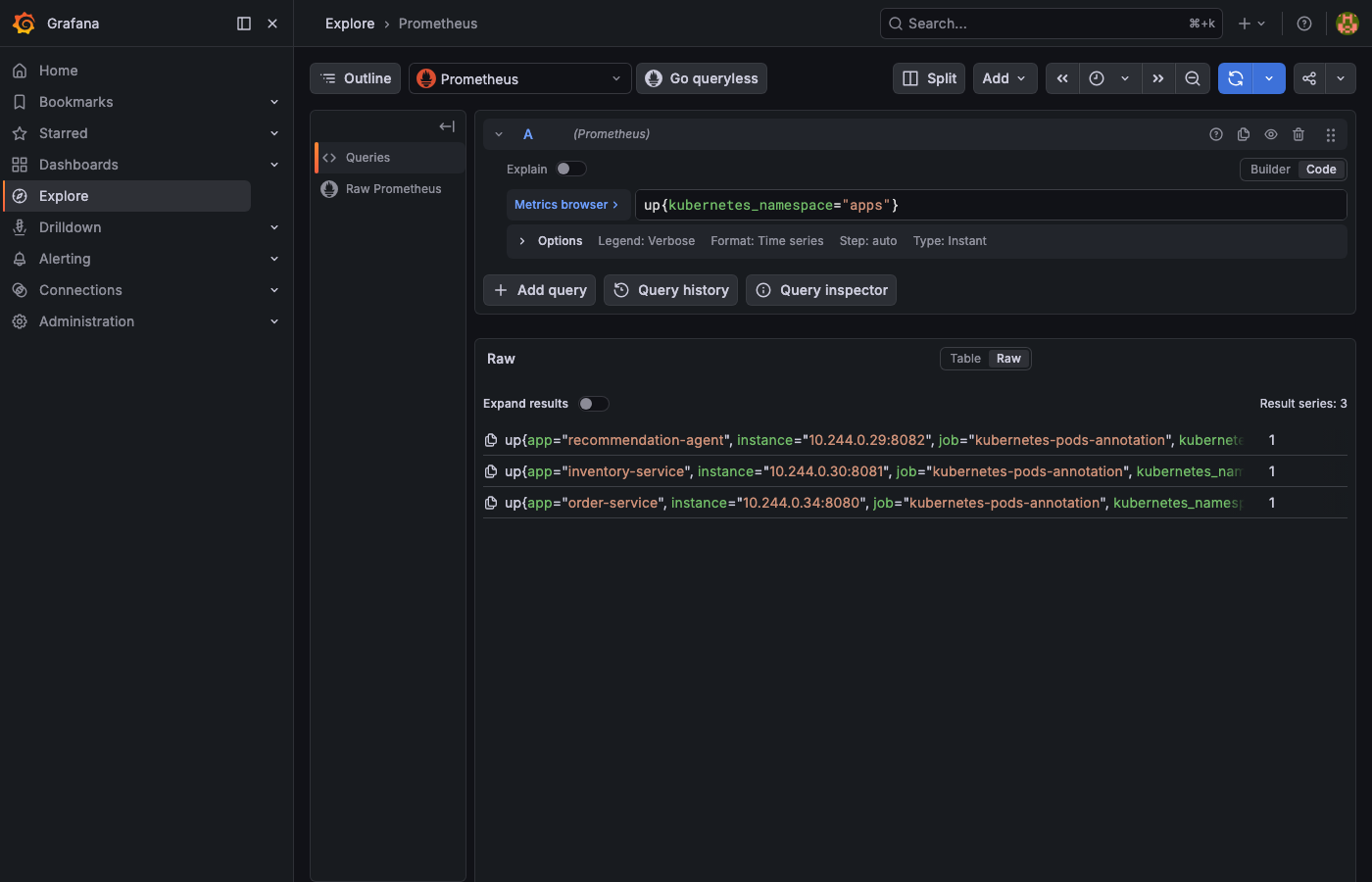 Grafana Prometheus Explore showing up metric returning 1 for all three services
