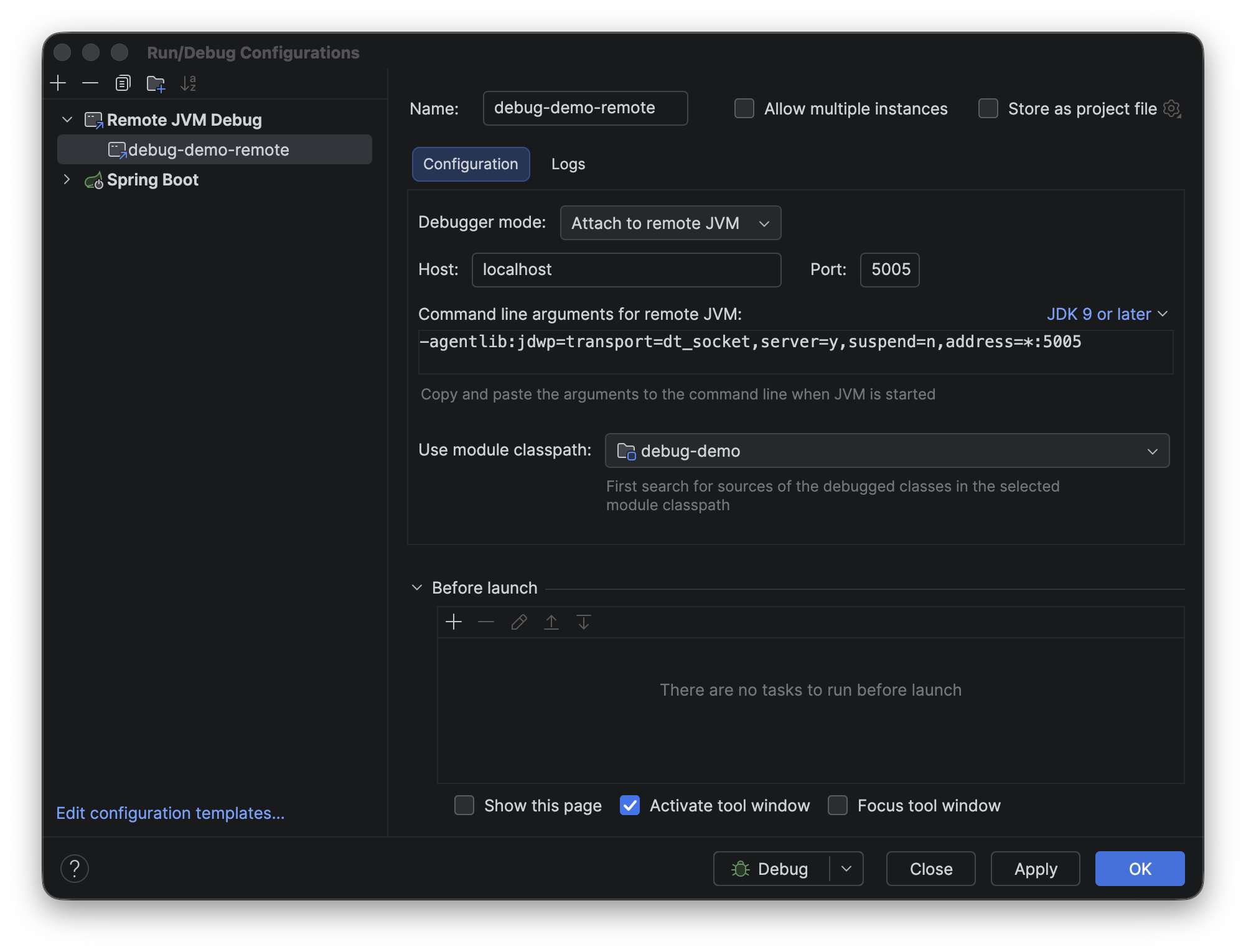 IntelliJ IDEA — Remote JVM Debug configuration, localhost:5005