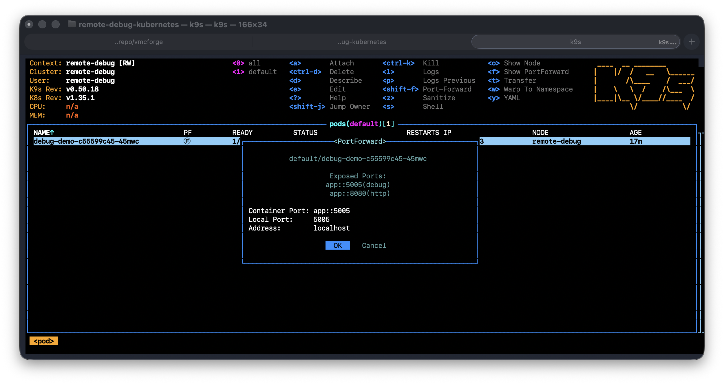 k9s — active port-forward on 5005 port towards debug-demo pod