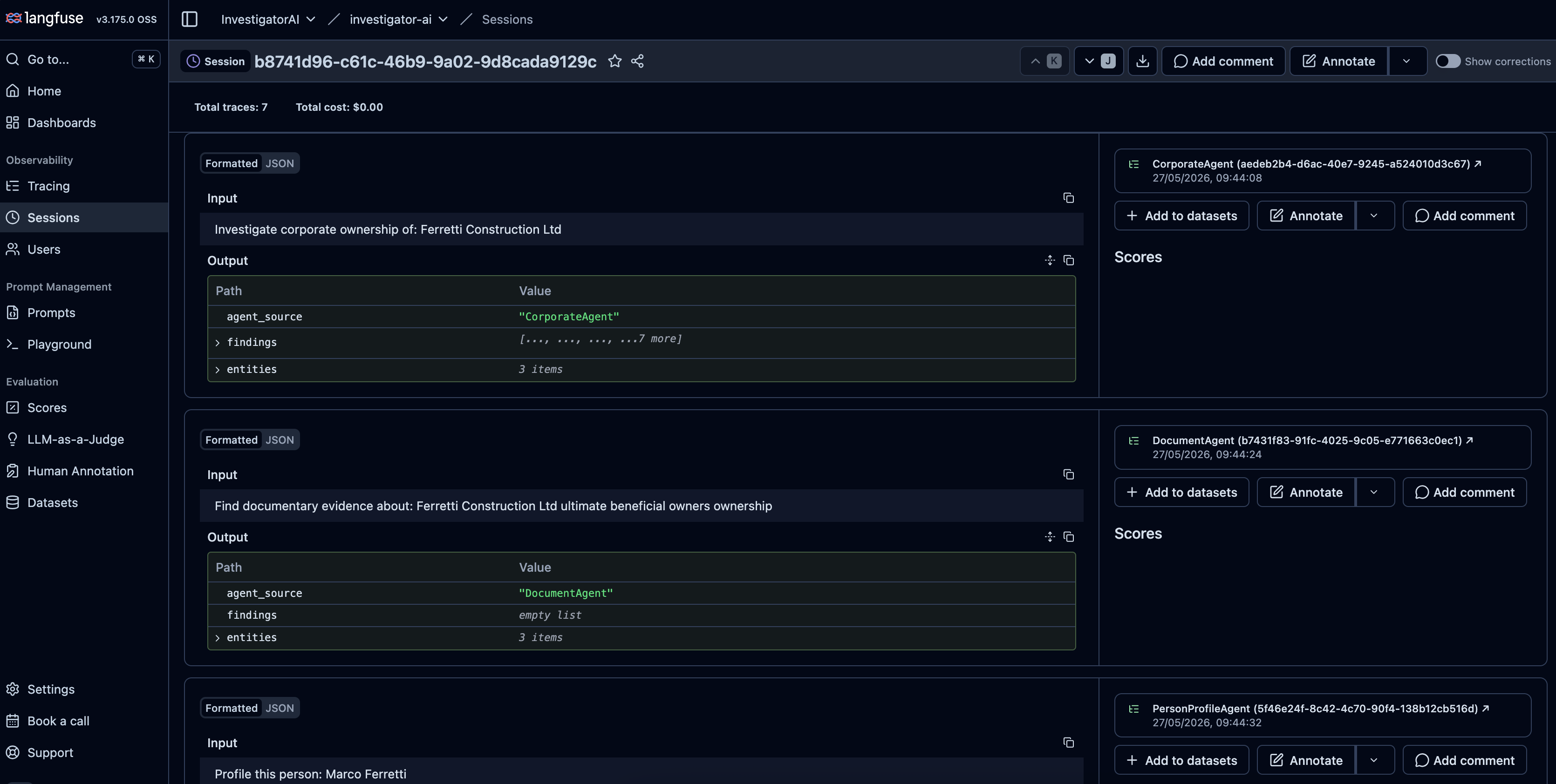 Langfuse session view: supervisor dispatching to CorporateAgent, DocumentAgent and PersonProfileAgent for a single investigation query, with each input visible