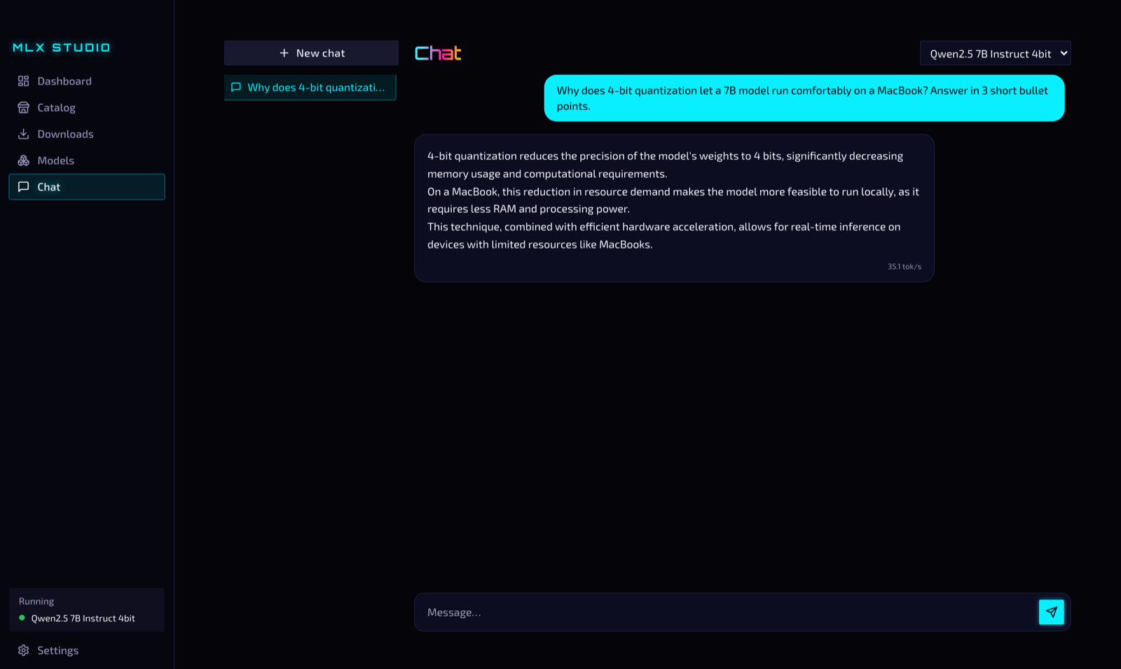 Chat view with model selector and a streamed reply at 35.1 tok/s