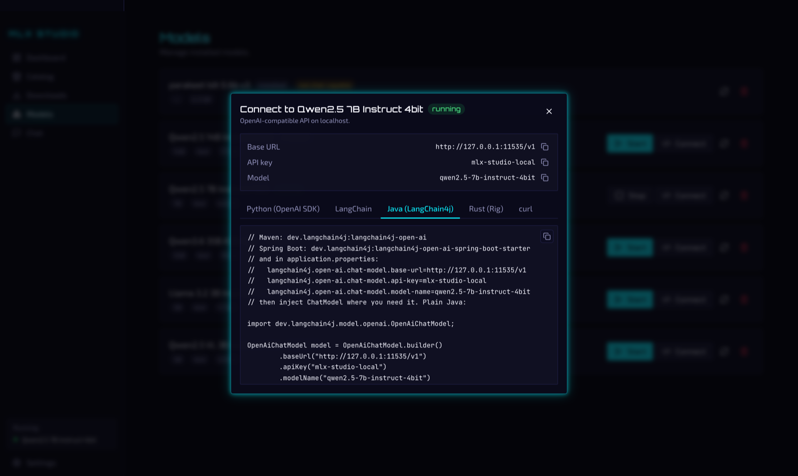 Connect dialog with base URL, API key and the Java LangChain4j snippet, with tabs for Python, LangChain, Java, Rust and curl