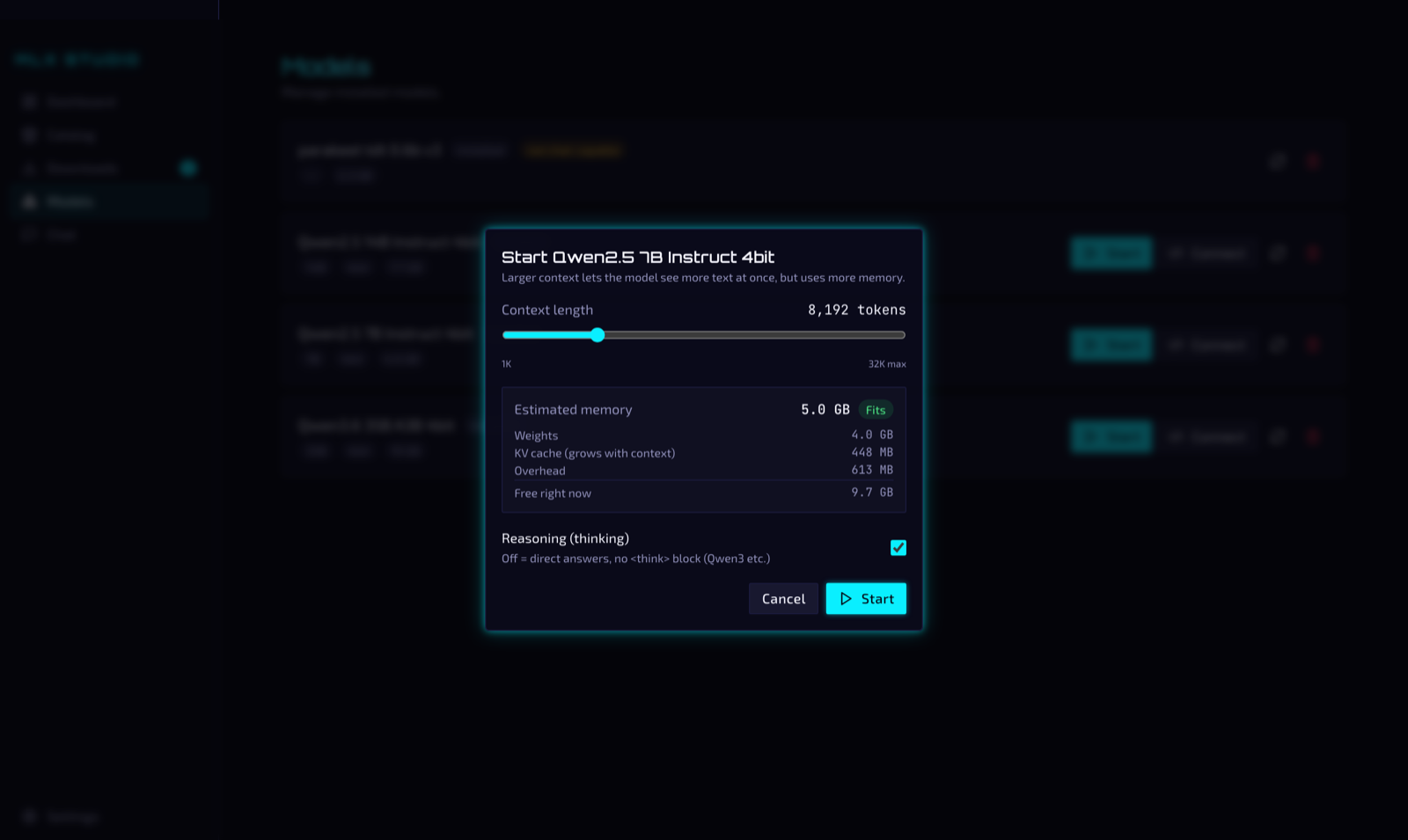 Start dialog with context length slider and live memory estimate breakdown