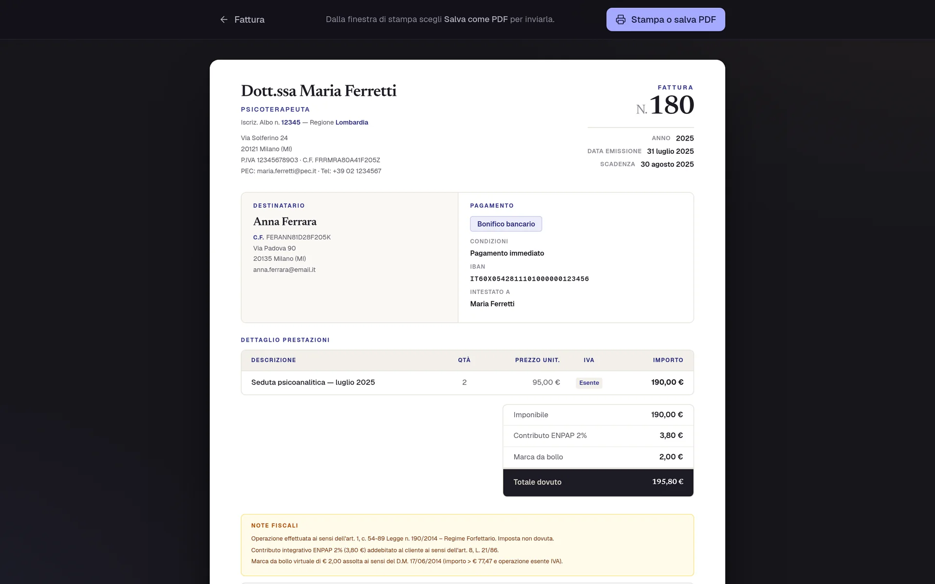 Anteprima di stampa di una fattura con intestazione, prestazioni, totali e note fiscali.